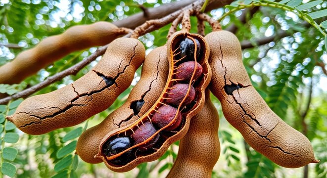 Natural Tamarind Pods Hanging on a Tree Branch With Seeds Visible Tropical Produce