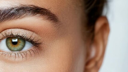 Close up green hazel eye close up with glittery skin natural eyebrow eyelash shimmering close up - Powered by Adobe