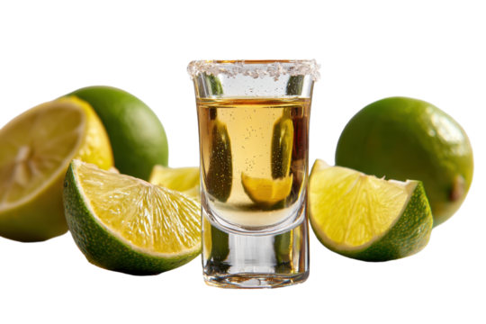 Shot of Tequila with Salted Rim and Lime Slices Ready to Drink