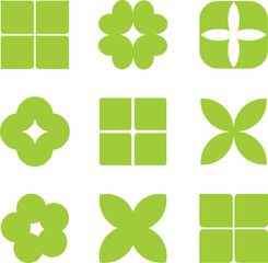 Nine abstract green shapes on white background vector icons