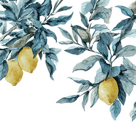 Bright watercolor illustration showing a lemon tree with ripe yellow lemons and lush green foliage - vector illustration