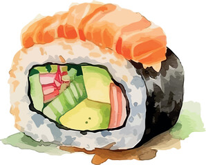 Elegant watercolor artwork of assorted Japanese sushi pieces arranged with artistic balance and delicate detail - vector illustration