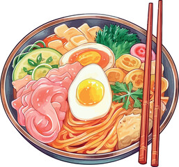 Artistic watercolor illustration of traditional Japanese ramen bowl with noodles, broth, and toppings - vector illustration