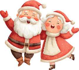 Festive watercolor artwork of Santa Claus and his wife sharing Christmas joy in a warm holiday scene - vector illustration