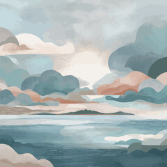 Serene watercolor depiction of the blue North Sea with gray rain clouds and sunlight behind - vector illustration