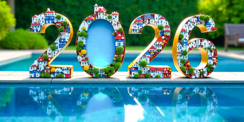 Large numbers for the new year 2026 decorated with houses, greenery and a blue swimming pool. The concept for the development of private tourism, real estate for recreation. Banner with copy space