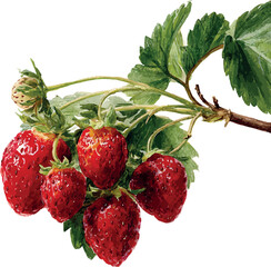 Beautiful watercolor painting of a strawberry branch with ripe red berries and green leaves - vector illustration