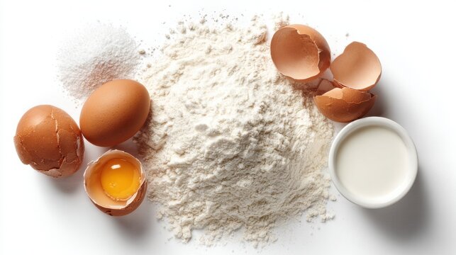 Raw baking ingredients featuring cracked eggs with yolk, flour pile, and milk on white surface, essential elements for cooking and pastry preparation