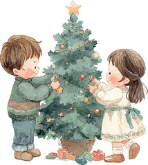 Charming watercolor scene of a cute little boy and girl joyfully decorating a Christmas tree together - vector illustration