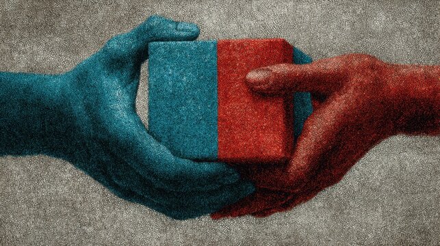 Hands give red gift box with bow and token on teal textured background in engraved style, symbolising business transactions, or celebrations