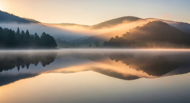 Serene misty morning over a tranquil lake with rolling hills and evergreen trees reflected in the calm water.