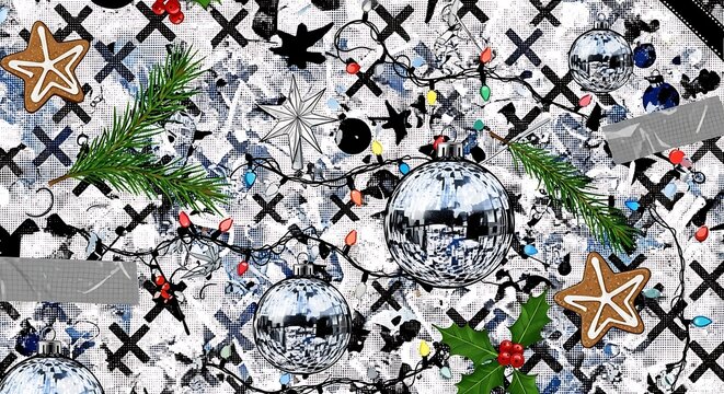 Whimsical christmas collage with gingerbread stars, pine branches, baubles, and fairy lights on a textured background