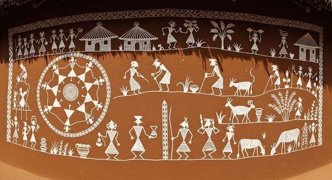 Traditional Indian Warli Art Painting Figures Dancing Animals Nature Scenes Tribal Folk