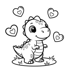 Cute cartoon baby dinosaur surrounded by hearts and grass for coloring pages and children s designs