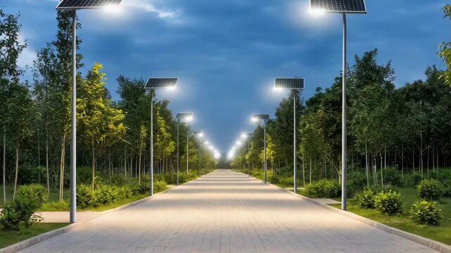 Solar panel street light pathway with tree lined dusk evening peaceful illumination