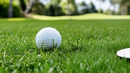 White golf ball green grass close up outdoors fairway with soft sunlight and serene calm atmosphere - Powered by Adobe