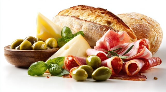 Assorted deli meats with salami, prosciutto, cheese, olives, and crusty bread on white background for appetizer platter or charcuterie board presentation