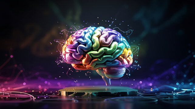 Abstract 3D illustration of a colorful human brain scan on a black background, representing concepts of mind, intelligence, and medical science