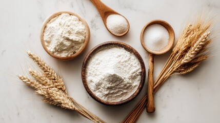 White wheat flour in wooden bowls with fresh grain stalks on marble surface for baking and cooking concept. Natural ingredients composition