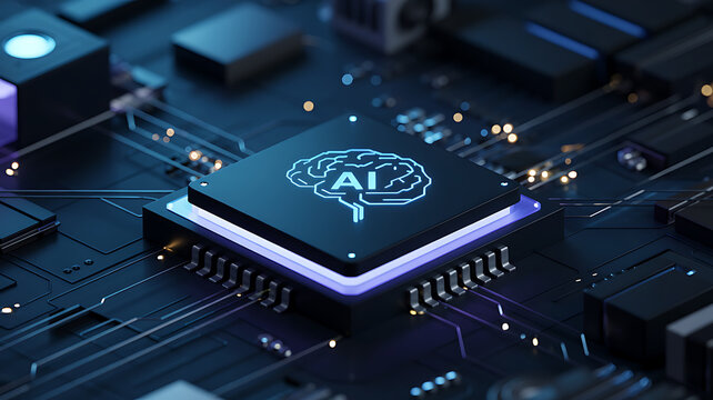 Blue macro close-up of computer motherboard's processor and electronic circuit board components for digital technology hardware engineering - Powered by Adobe