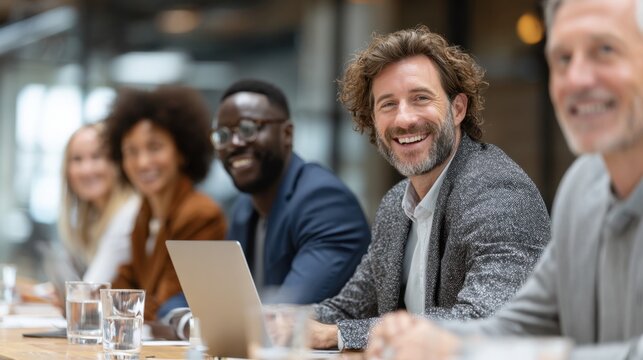 Happy executive team discusses project plan in office, consulting corporate client on financial investment, diverse people working together at group meeting