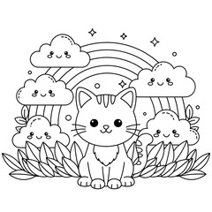 Cute kawaii cat sitting among happy clouds and rainbow for coloring book page