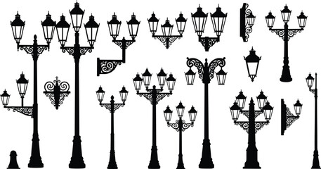 Vintage ornate street lamp silhouettes, decorative wrought iron lantern posts, artistic antique lighting design, architectural inspiration, historic retro city elements