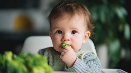 A baby is sitting in a high chair eating broccoli with a blurred background of green plants indoors
