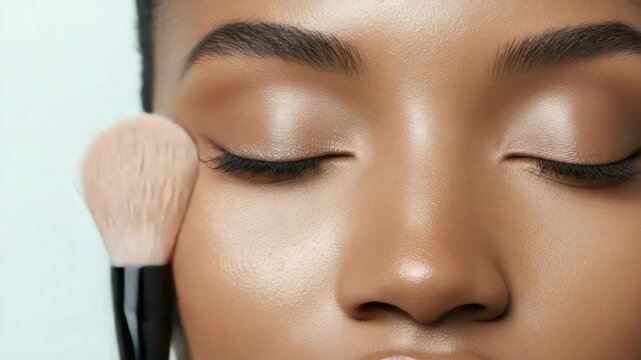 Soft makeup brush smooth skin and glowing bronze face with eye eyelid highlight and serene