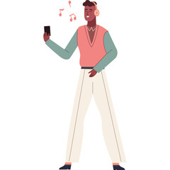 Man With Headphones Enjoying Music While Holding A Phone With A Pink Vest And White Pants Against A White Background