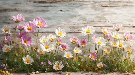 Delicate wildflowers bloom against a rustic weathered wooden background in soft sunlight