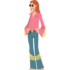 Man with long brown hair wearing sunglasses pink collared shirt bell bottom jeans with yellow fringe detail standing against a transparent background