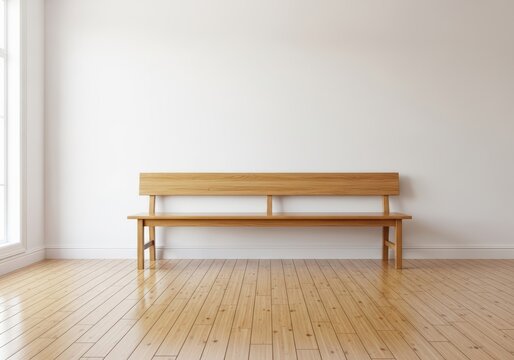 Wooden bench in a minimalist interior with natural light and wooden flooring