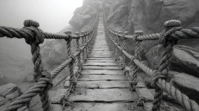 Fototapeta Grayscale drawing of a precarious rope bridge disappearing into fog, built high among rugged rocks and ancient mountains