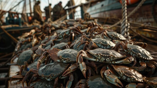 A pile of blue crabs on a fishing boat. Fishermen are working in the background. The scene captures the essence of seafood harvesting.