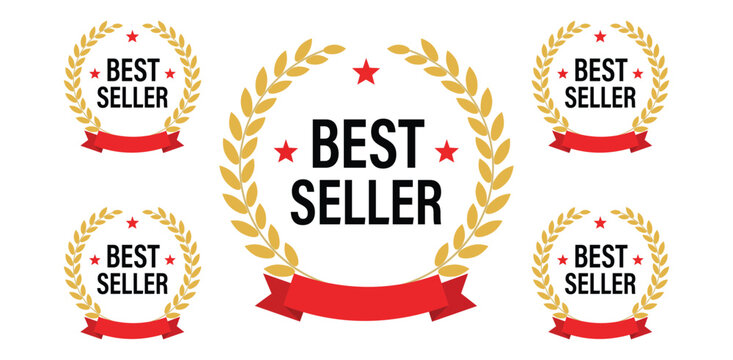 Best Seller Badges Gold Laurel Wreath Vector Set with Red Stars and Ribbons for Product or Service Promotion Success