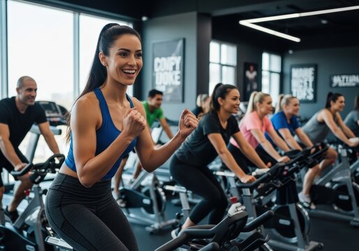 Happy woman leading a spin class at the gym, smiling and encouraging others