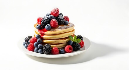 Stack of fluffy pancakes topped with fresh berries and syrup