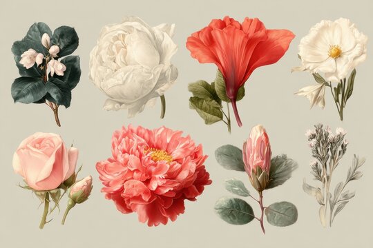 Detailed various flowers and foliage depicted in a high quality realistic style hand drawn vector illustration perfect for invitations and save the date cards