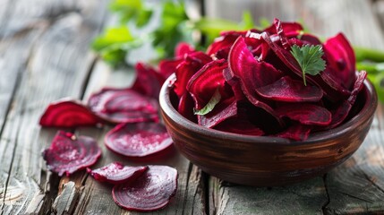 Freshly sliced red beets in a wooden bowl on a rustic wooden table. Green herbs are scattered around, enhancing the natural look of the scene.