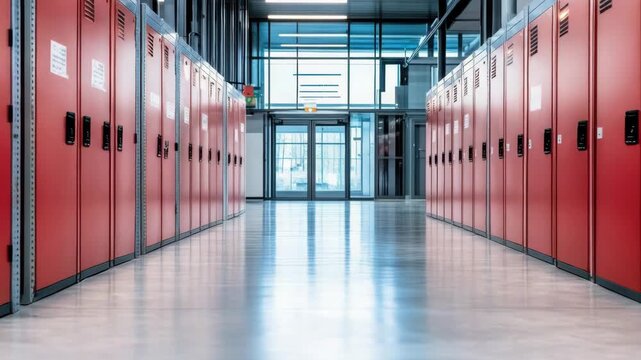 Red locker hallway in modern school corridor with glossy reflective floor and bright natural light