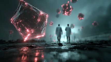 Two scientists in lab coats observe glowing red crystalline structures floating in a foggy, desolate landscape.