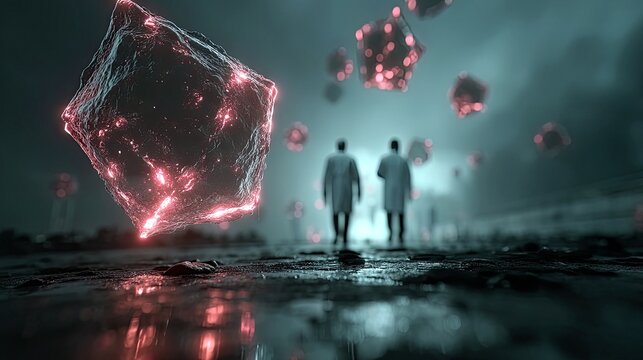Two scientists in lab coats observe glowing red crystalline structures floating in a foggy, desolate landscape.