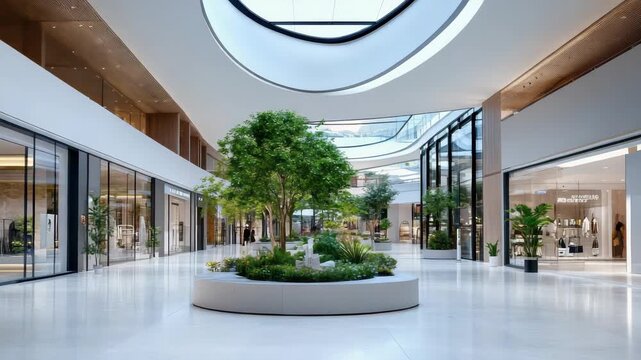 Modern shopping mall interior with central planter skylight bright open space modern architecture