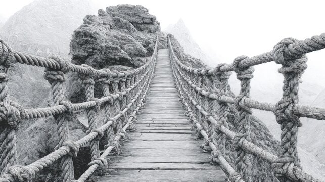Fototapeta Grayscale drawing of a precarious rope bridge disappearing into fog, built high among rugged rocks and ancient mountains