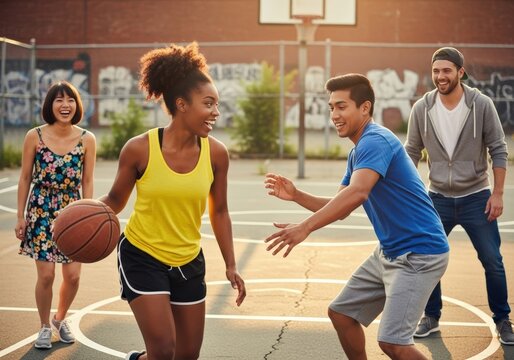Friends playing basketball on an outdoor court during a sunny afternoon