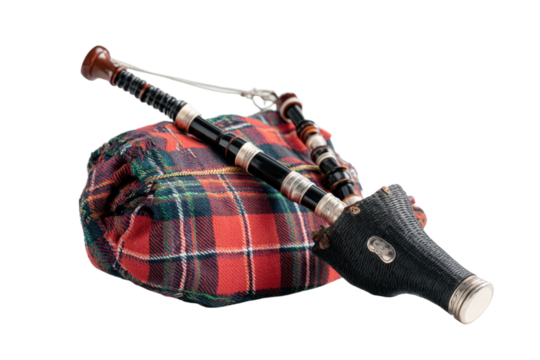 Scottish bagpipes with tartan fabric isolated on transparent background