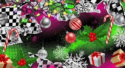 Vibrant and chaotic christmas collage featuring torn paper, candy canes, holly, baubles, and festive lights on a neon green background