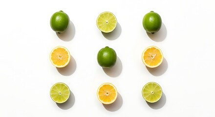 Fresh citrus fruits limes and lemons halved and whole on white background