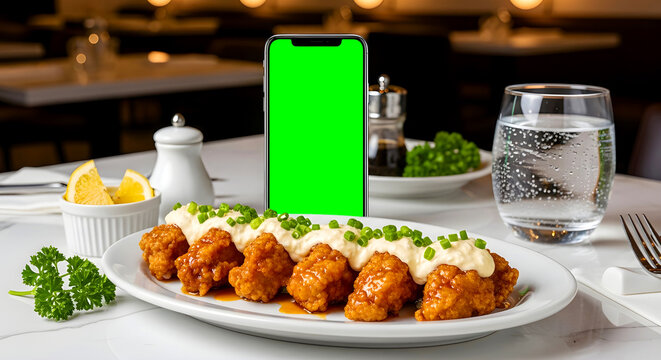 Crispy Chicken Nanban with Tartar Sauce and Smartphone Mockup on Elegant Table — Ayam Goreng Nanban Jepang dengan Saus Tartar di Meja Restoran Bokeh Blur